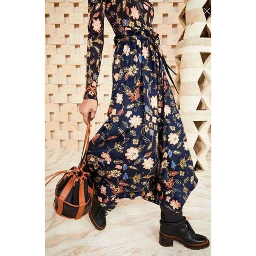 Ulla Johnson Carine Skirt Womens Size 8 Silk Handkerchief Hem Skirt Black Floral